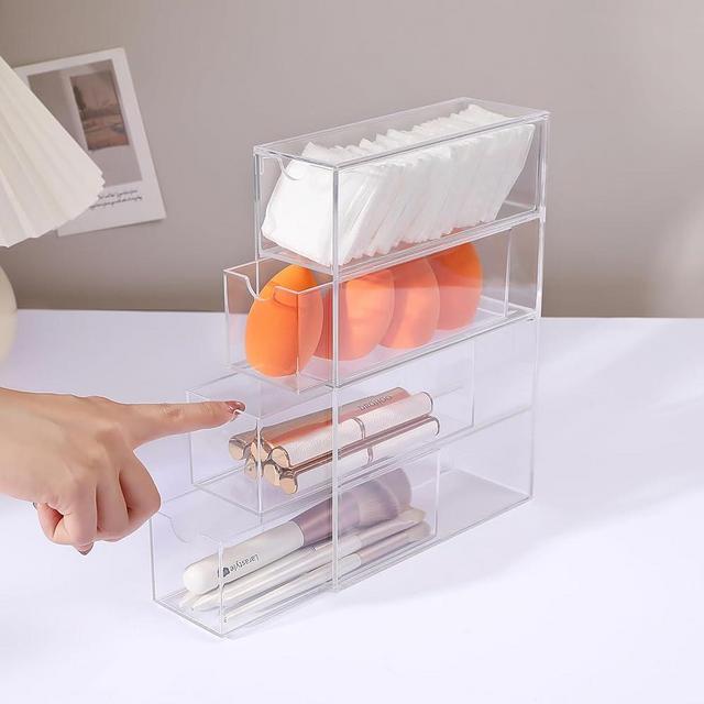 MOTDWKYD Acrylic stackable drawer with small 4 Drawers, Clear Containers for Hair Accessory Organizing, Bathroom Storage Organization, Vanity Makeup Organizer, Eyeglass Organizer