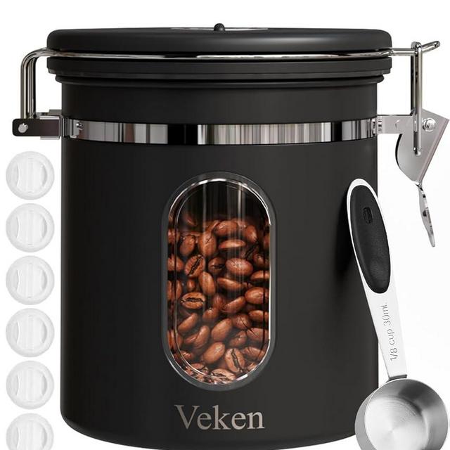 Veken Coffee Canister with Window, Airtight Stainless Steel Kitchen Food Storage Container with Date Tracker and Scoop for Grounds Coffee, Beans, Tea, Flour, Cereal, Sugar, 16OZ,Black