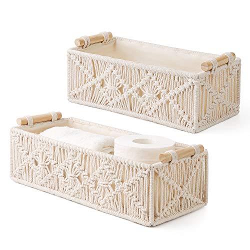 Mkono Macrame Storage Baskets Decor Box Handmade Woven Decorative Countertop Toilet Tank Shelf Cabinet Organizer Boho Decor for Bedroom Nursery Livingroom, Set of 2