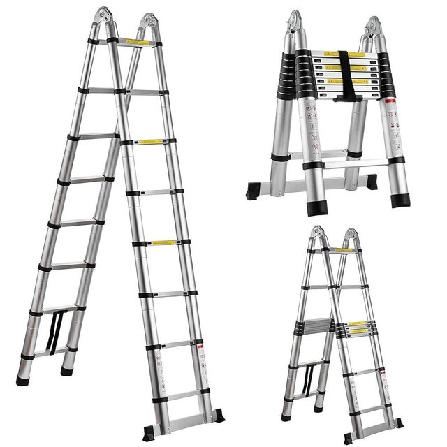 16.5FT Telescoping Ladder A Frame Aluminum Extension Ladder 8 x 2 Telescopic Step Ladders for Home with Ladder Stabilizer Portable Multi-Purpose Collapsible Ladder for RV Outdoor Work, Max Load 330lbs