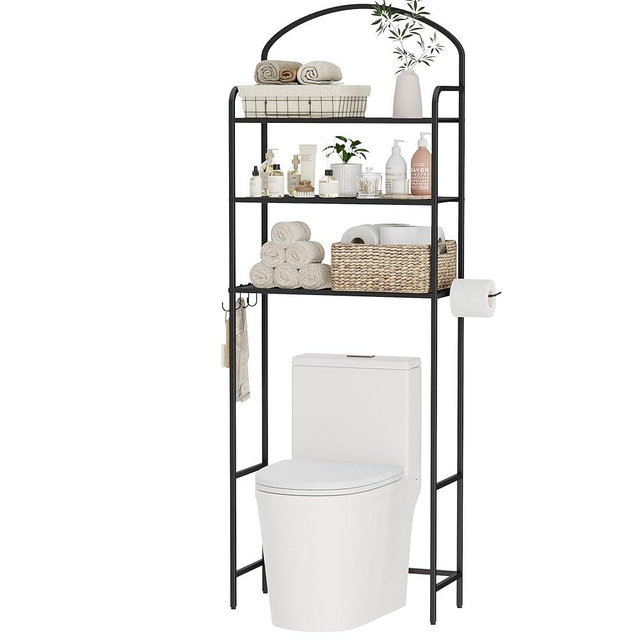 Cerlyunzan 3-Tier Over The Toilet Storage, Bathroom Organizer, Space-Saving, Above Toilet Storage Rack with 4 Hooks and Paper Holder, Metal Shelf, Black