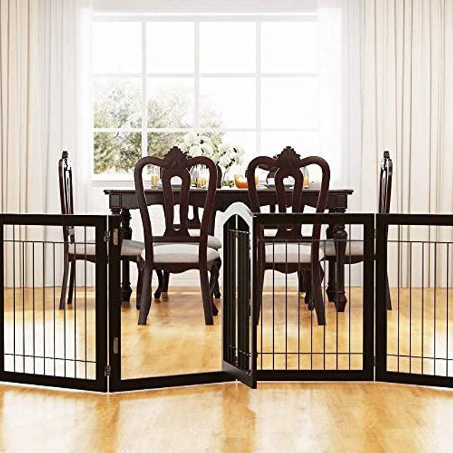 PAWLAND 144-inch Extra Wide 30-inches Tall Dog gate with Door Walk Through, Freestanding Wire Pet Gate for The House, Doorway, Stairs, Pet Puppy Safety Fence, Support Feet Included