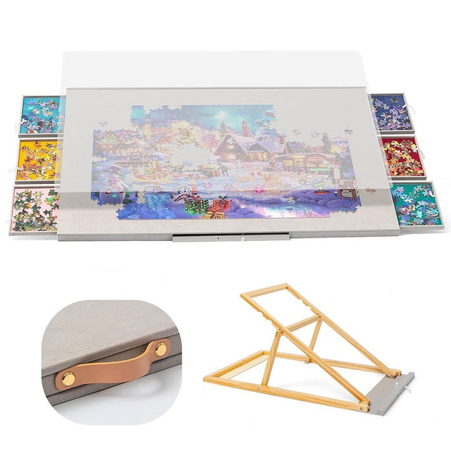 Yesday 1500 Pieces Flannelette Covered Jigsaw Puzzle Table with Integrated Adjustable Stand & Cover, 3-Tilting-Angle Wooden Plateau Portable Jigsaw Board with 6 Sorting Drawers - Gray