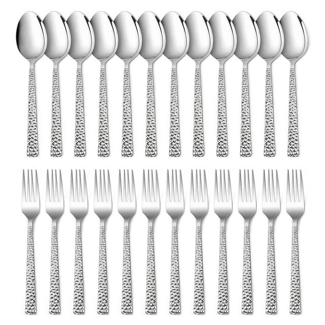 E-far 24-Piece Hammered Forks and Spoons Silverware Set, Stainless Steel Square 12 Dinner Forks and 12 Dinner Spoons, Modern Metal Flatware Cutlery for Kitchen and Restaurant, Dishwasher Safe-7.9 Inch