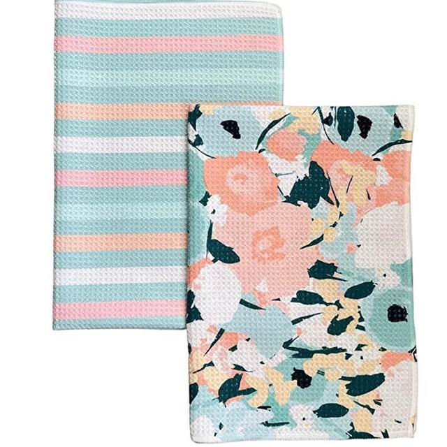 Desert Aqua 2 Pack || Not Your Ordinary Kitchen Towels || Dish Towels || Tea Towels || Waffle Weave Microfiber || Designer Prints || Highly Absorbent || Hanging Hook (Floral and Stripe Spring)