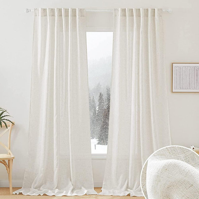RYB HOME 108 inch Curtains - Flax Linen Blend Semi Sheer Light Glare Filtering Semi Sheer Drapes for Living Room Dining Doorway Farmhouse Office, Linen, Wide 52" by Long 108", 2 Panels