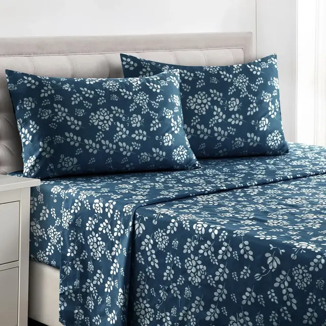 Lux Decor Collection Floral Bed Sheets - 4 Pc Microfiber King Size Sheets & Pillowcases - Navy Blue