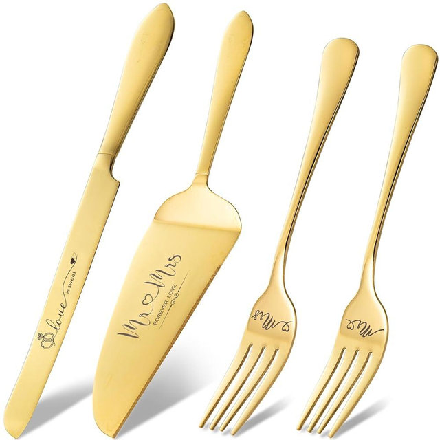 VARLKA Gold Cake Cutting Set for Wedding, Wedding Cake Knife and Server Set, Cake Cutter and Pie Server Set of 4 for Mr and Mrs Wedding Gifts (Gold)