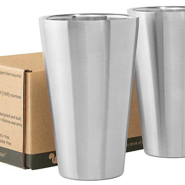 Stainless Steel Cups Double Wall Tumbler Glasses 16 oz - Premium Pint Cups - Set of 2 - Stackable Shatterproof - Dishwasher Safe for Home, Camping, RV - BPA Free