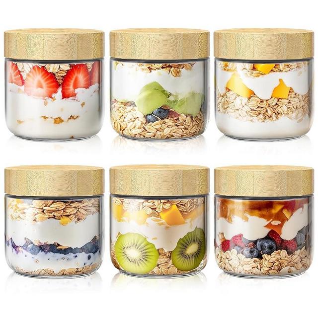 6 Pack 10oz Overnight Oats Containers with Bamboo Lids, Glass Jars with Airtight Lids for Meal Prep, Wide Mouth Mason Salad Jars, Glass Food Storage Container for Yogurt Chia Snacks Spice Sugar