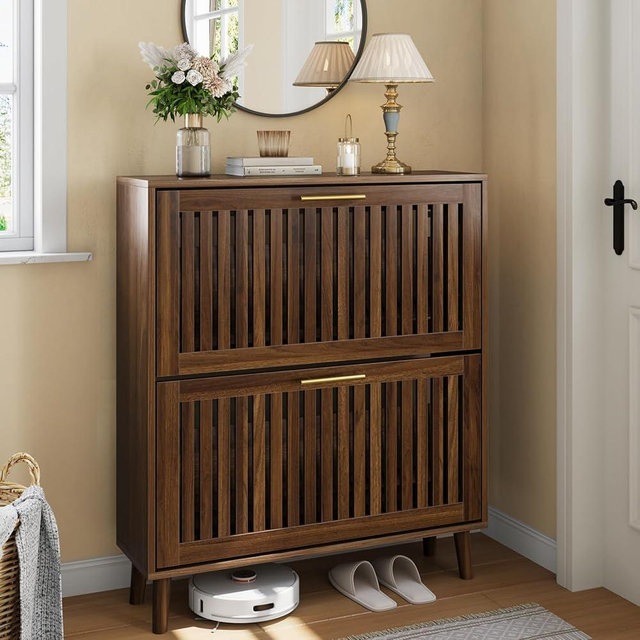 Smart FENDEE Shoe Cabinet with 2 Flip Louvered Drawers, Freestanding Shoe Storage Cabinet with Gold Handle, Farmhouse Hidden Entryway Shoe Organizer for Hallway, Walnut Home Deco, 31.5" W
