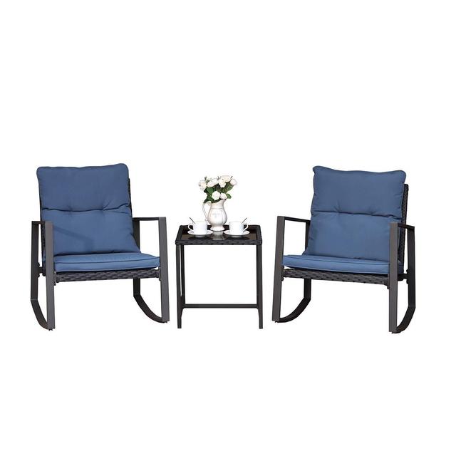 COSIEST 3 Piece Bistro Set Patio Rocking Chairs Outdoor Furniture w Blue Cushions, Glass-Top Coffee Table for Garden, Pool, Backyard