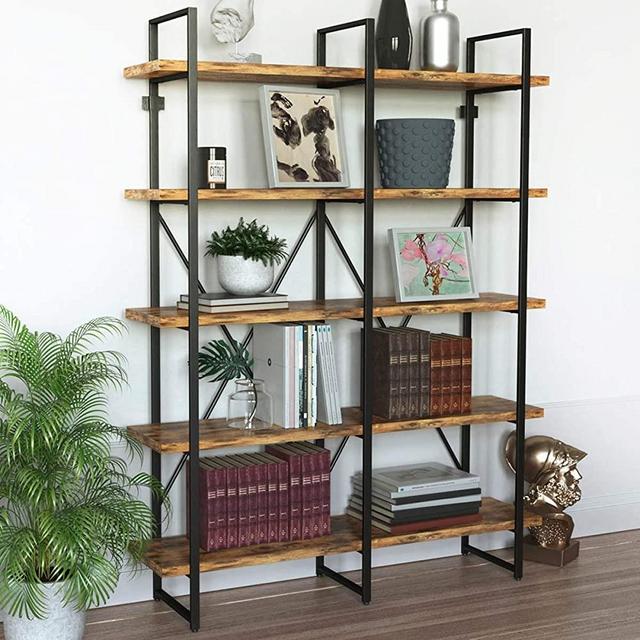 IRONCK Industrial Bookshelf and Bookcase Double Wide 5 Tier,Book Cases Wood and Metal Bookshelves for Home Office, Easy Assembly, Vintage Brown