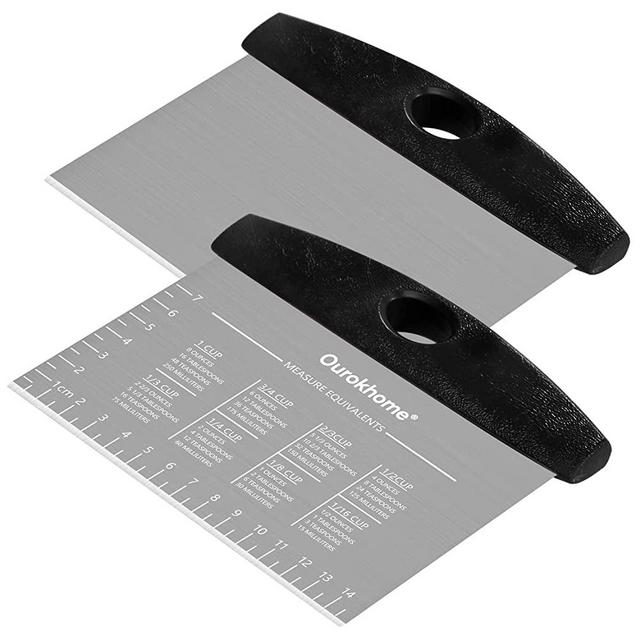 Dough Pastry Bench Cutter Scraper, Ourokhome Stainless Steel Griddle Scraper for Kitchen Baking, Dishwasher Safe, Anti-Wear Laser-Engraved Measuring Scale and Conversion Chart, 2 Pack, Black