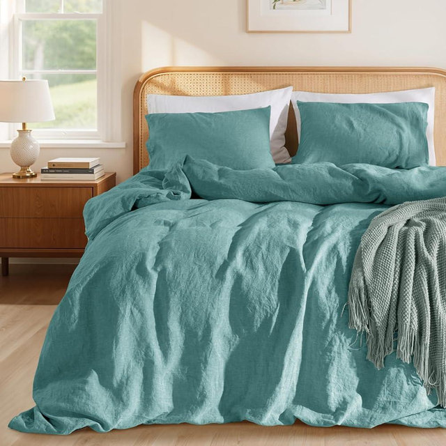 LBRO2M 100% France Linen Duvet Cover Set 3 Pcs Including 1 Flax Comforter Cover with Zipper Closure, 2 Pillowcase, Cozy Duvet Cover Queen Size, Aqua