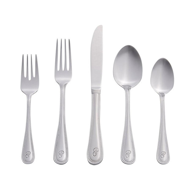 RiverRidge Monogrammed Beaded Flatware Set - P - 46-Piece Silverware with Custom Letter Stamp, 18/0 Stainless Steel Utensils Set for Daily Use & Special Occasions - Dishwasher Safe, Versatile Design