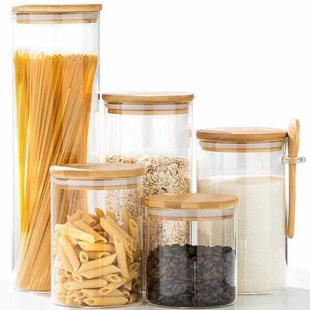 ERISED Glass Jars Set of 5 Food Storage Containers Airtight Food Jars with Bamboo Wooden Lids and Spoon Kitchen Canisters for Candy,Cookie,Rice,Sugar,Flour,Pasta,Nuts