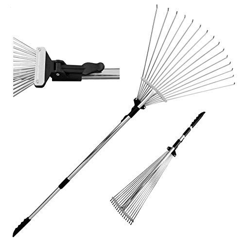 TABOR TOOLS Telescopic Metal Rake 63 Inch, Adjustable Folding Leaves Rake for Quick Clean Up of Lawn and Yard, Garden Leaf Rake, Expanding Handle with Adjustable 8 to 23 Inch Width Folding Head. J16A.