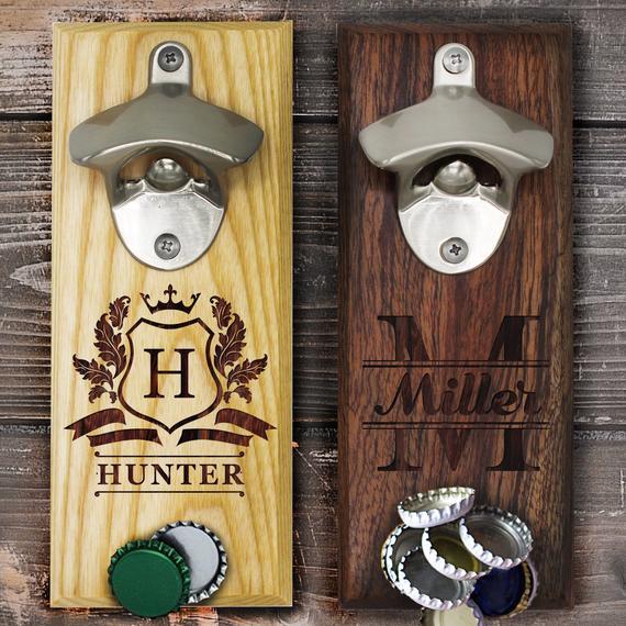 Magnetic Bottle Opener, Cap Catcher, Groomsmen Wall Bottle Opener, Personalized Wall Mounted Bottle Opener and Cap Catcher