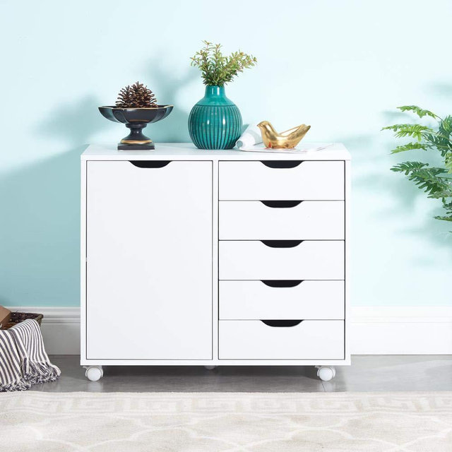 Naomi Home Amy 5 Drawer Chest, Wood Storage Dresser Cabinet with Wheels, Craft Storage Organization, Makeup Drawer Unit for Closet, Bedroom, Office File Cabinet 180 lbs Total Capacity – White