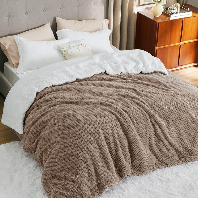 Bedsure Sherpa Fleece Queen Size Blanket for Bed - Herringbone Pattern, Thick and Warm, Soft Fuzzy Cozy Blanket for Winter, Tan, 90x90 Inches