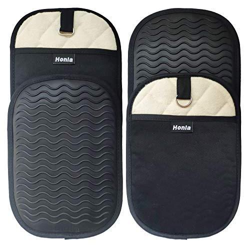 Honla 4 Piece Rectangular Pot Holders with Pockets,Heat Resistant to 500 F,Flexible Non Slip Silicone Grip Hot Pads,Black