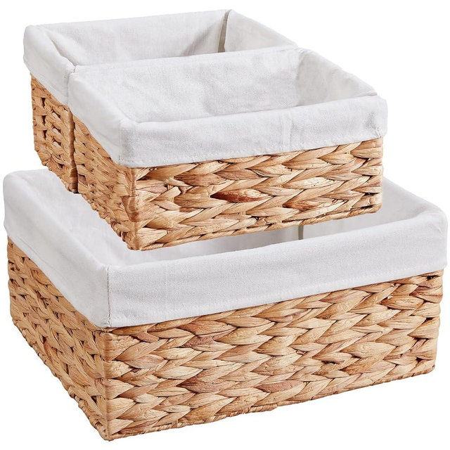 Vagusicc Wicker Basket, 3-Pack Water Hyacinth Wicker Storage Basket with Handles, Storage Baskets for Organizing, Large Hyacinth Storage Baskets for Shelves with Liner (Water Hyacinth Baskets Set)