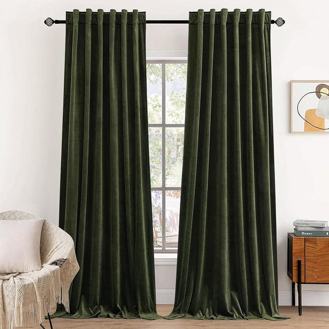 Dchola Olive Green Velvet Curtains for Bedroom Window with Back Tab, Super Soft Vintage Luxury Heavy Drapes, Room Darkening Thermal Insulated Curtain for Living Room, W52 by L84 inches, 2 Panels