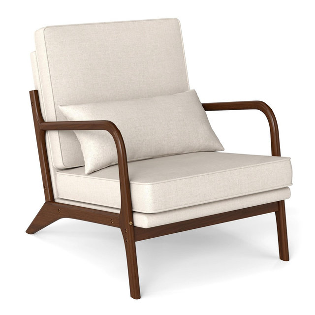 Costway 1 PCS Modern Accent Chair Upholstered Leisure Armchair with Rubber Wood Armrests & Legs