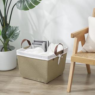 Large Square Flat Faux Wicker Bin with Leather Handles