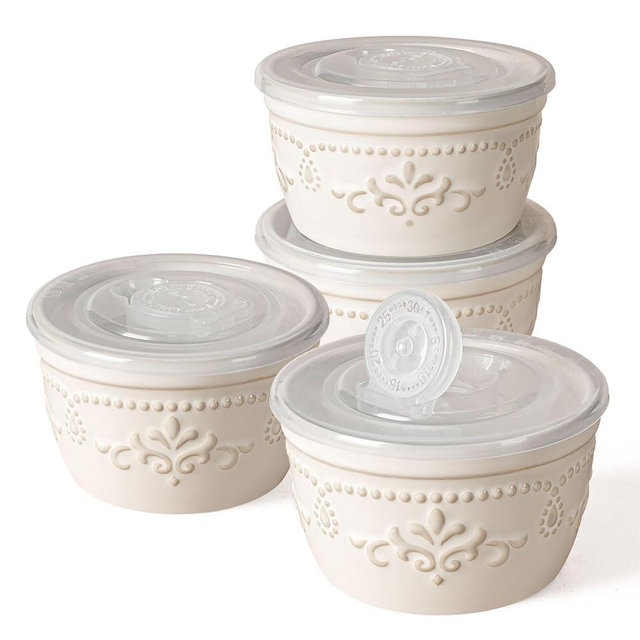 Artena Ramekins with Lids, Creme Brulee Ramekins Oven Safe, Ceramic Pudding Cups, Souffle Cups, Custard Cups, Dipping Sauce Cups, Food Storage Containers with Lids, Set of 4 (Damask Floral, 4 oz)