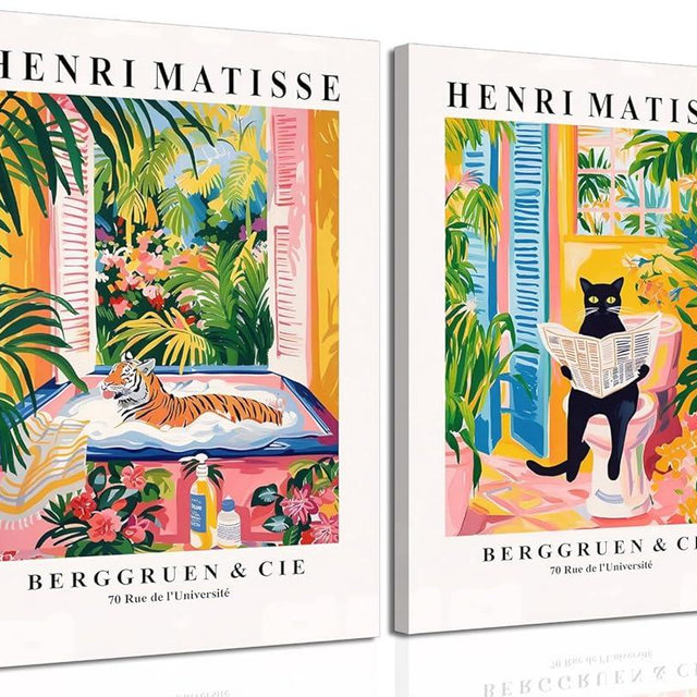 Funny Bathroom Wall Art Set of 2, Henri Matisse Black Cat Bathroom Wall Decor Paintings, Cute Tiger Poster Canvas Prints, Whimsical Animal in Bathtub Pictures 12x16 inch Framed