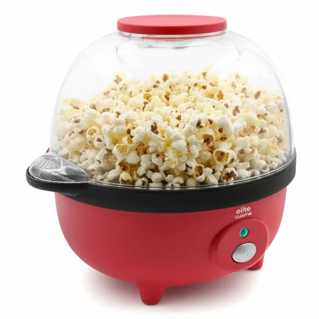 Elite Cuisine 3qt Hot Oil Stirrer Popcorn Popper with Serving Bowl Lid Red