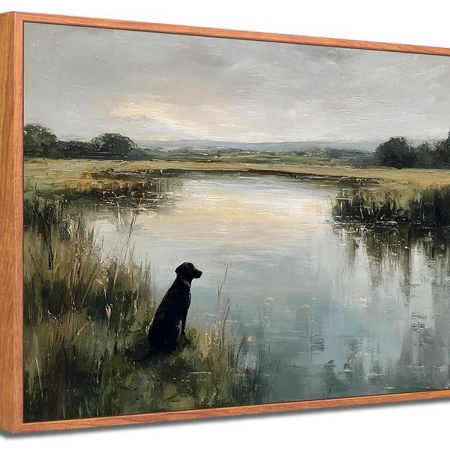 Framed Vintage Black Labrador Wall Art Farmhouse Landscape Canvas Poster Print Hunting Black Dog Picture Retro Animal Painting Artwork Wall Decor for Bedroom Living Room Bathroom 8x10in