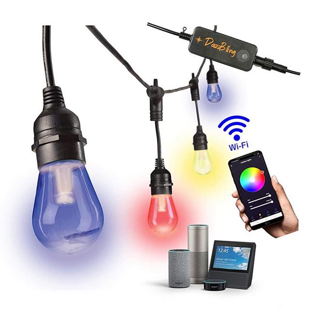 Outdoor String Lights - Smart Patio Lights Waterproof IP65 Commercial Grade 49ft Color Changeable & White LED Smart String Lights Outdoor 2.4GHz WiFi Works with App Alexa Google 15 Edison Bulbs RGB