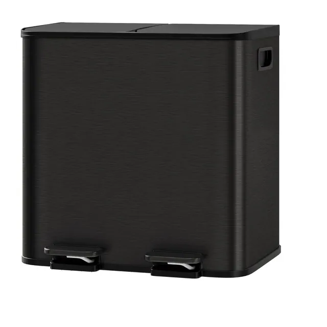 Dual Compartment Stainless Steel Pedal Bin - 30L with Soft-Close Lid, Removable PP Buckets & Side Handles - Black Kitchen Waste Bin