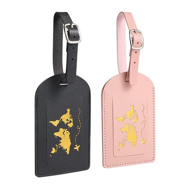 2pcs Leather Luggage Tag, Baggage Address Tags with Adjustable Strap Luggage Labels Privacy Protection Suitcase Tags Identifiers for Luggage Suitcases Wedding Valentines Gift (Black, Pink)