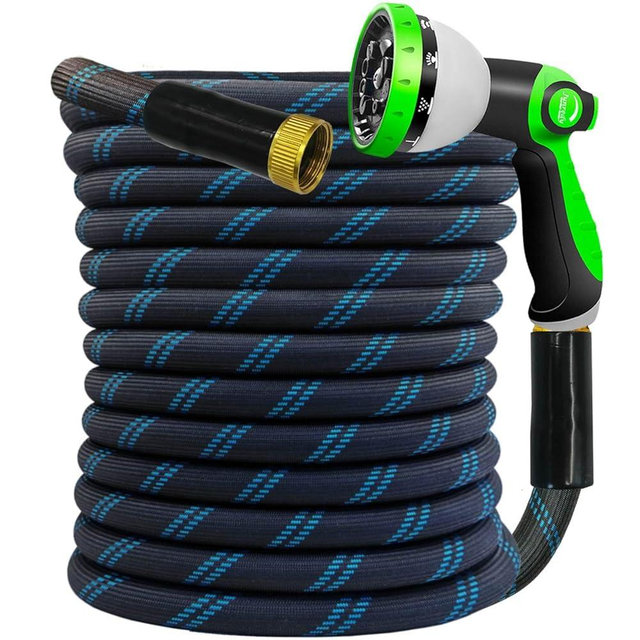 Junredy Garden Hose 75 FT, NON-EXPANDABLE Heavy-Duty Flexible & Lightweight Water Hose with 10-Function Nozzle, No-Kink, Leak-Proof Super Fabric, Solid Fittings for Lawn, Car, Outdoor (Black Blue)