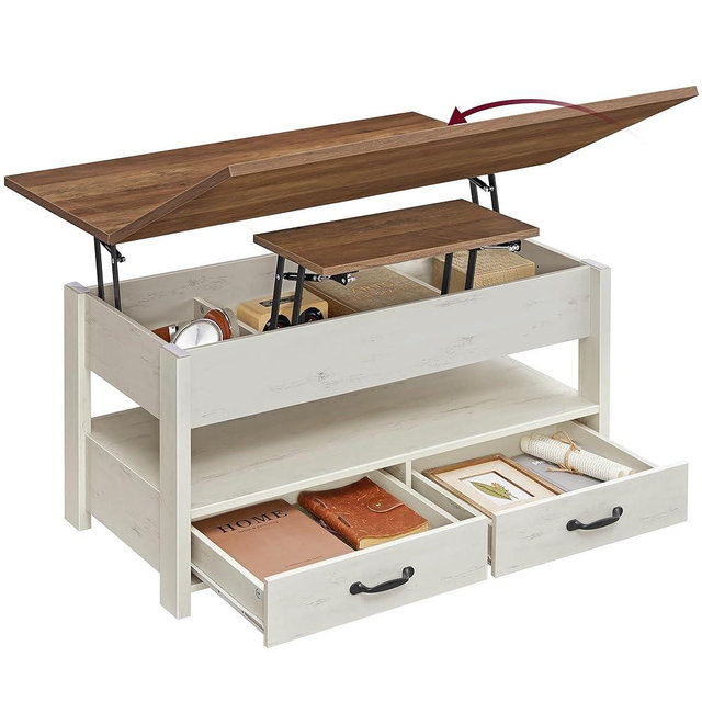 VASAGLE Lift Top Coffee Table, Center Table with Storage, Gas Spring, 2 Drawers and 3 Hidden Compartments, Open Shelf, for Living Room, Home Office, Honey Brown and Rustic White ULCT254W01