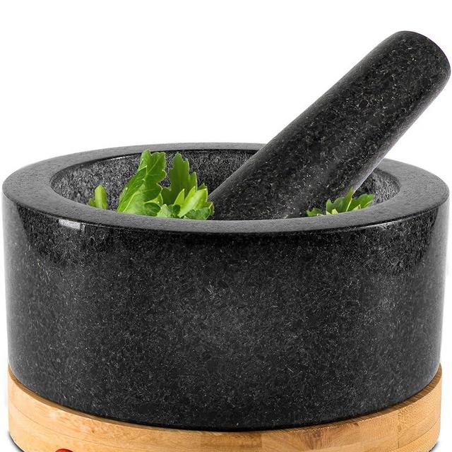 Heavy Duty Mortar and Pestle Set with Bamboo Base, Extra Large 4 Cups, 100% Natural Granite Mortar and Pestle Large Stone Grinder Bowl, Molcajete Bowl, Masher Guacamole Bowls, Polished Black