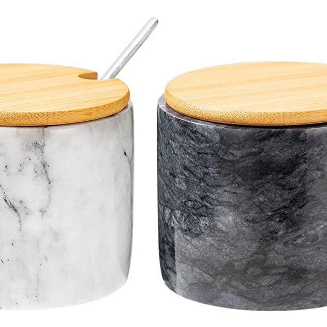 NHKRTE Marble Salt Cellar Set, 2 PCS 11oz Salt and Pepper bowls, Handcrafted from Natural Marble, Smooth Inside (White & Black Set)
