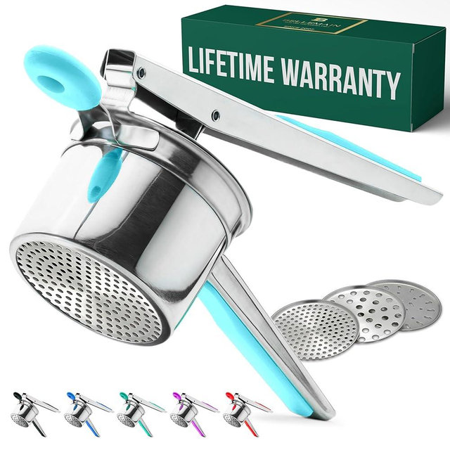 Bellemain 15 oz Large Potato Ricer | Stainless Steel Mash & Sweet Potato Masher, Spaetzle Maker Press, Khuon Banh Lot | Spaetzle Noodle Maker Kitchen Tool (Aqua Blue, Three Discs)