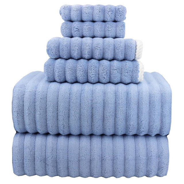 YTYC 39x78 Inches Oversized Bath Sheets Towels Set of 6 Large Towels for Bathroom Luxry Plush Super Soft Absorbent Stripe Hanging Loop Microfiber Shower Towels 80% Polyester (Blue,6)
