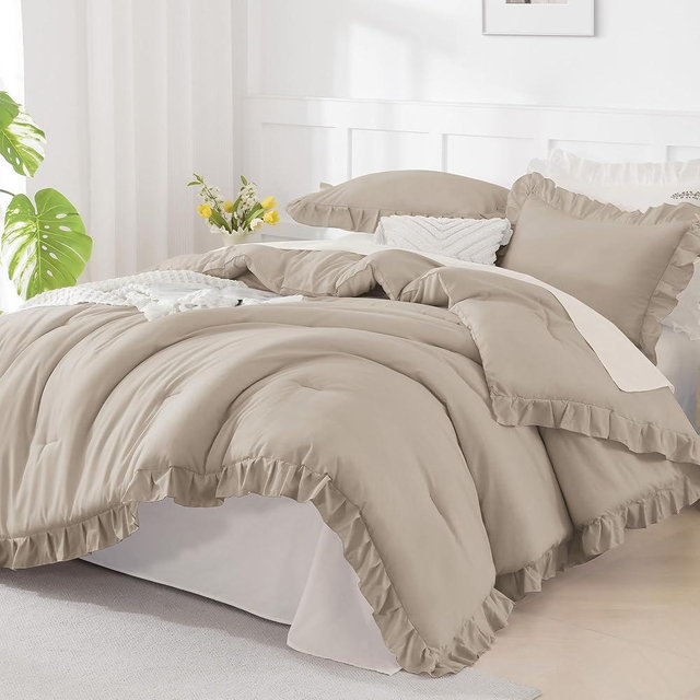 Andency Oversized King Ruffle Comforter Set 120x120, 3 Pieces Wheat Lightweight Fluffy Super King Bedding Set, Shabby Chic Famhouse All Season Bed Set for Girls Women