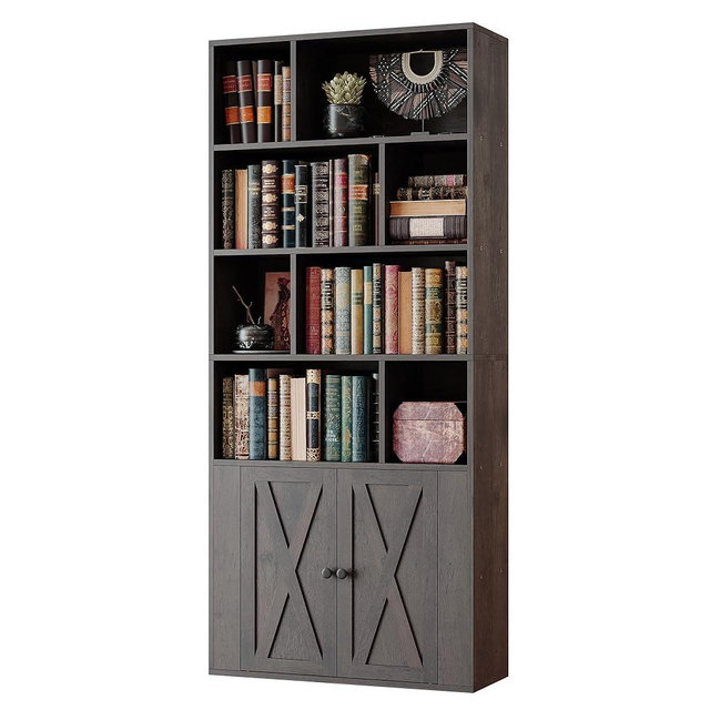 IRONCK Bookcase with Doors, Tall Bookshelf with Storage, Bookshelves and Bookcases with 8 Open Cubes for Living Room, Bedroom, Office