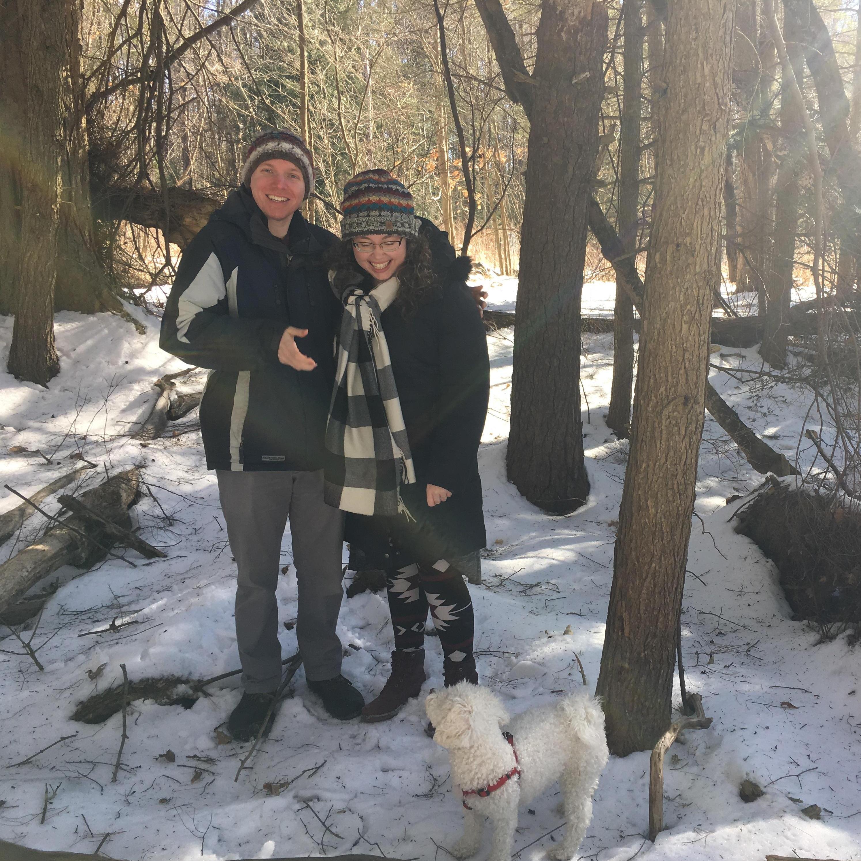 At our "engagement photo shoot" with a friend (thanks, Olivia!) for our save the dates, we were photobombed by the cutest poodle.