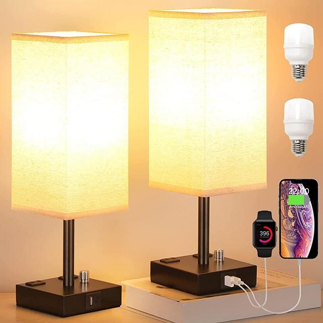 Fully Dimmable Nightstand Lamps Set of 2 - Table Bedside Lamp with USB C+A Charging Ports & 2 AC Outlets, Square Lamp Sets Linen Fabric Shade for Bedroom Living Room( Bulb Included)