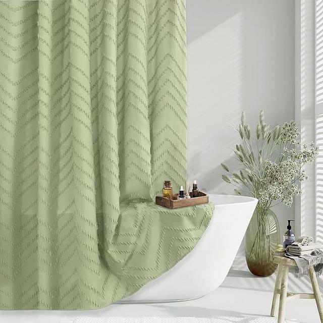 Green Shower Curtain Boho Woven Fabric Shower Curtain Tufted Chervon Textured Shower Curtain Modern Minimalist Shower Curtain for Bathroom Neutral Striped Waterproof Shower Curtain 72 x 72 Inches