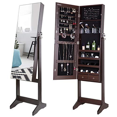 Nicetree Jewelry Cabinet with Full-Length Mirror, Standing Lockable Jewelry Armoire Organizer, 3 Angel Adjustable, Brown