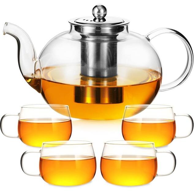 50OZ/1500ML Glass Teapot Set with 4 Teacups & Removable Stainless Steel Infuser, Stovetop & Microwave Safe Clear Tea Maker Water Kettle with 12OZ/360ML Tea Cups for Loose Leaf Blooming Tea